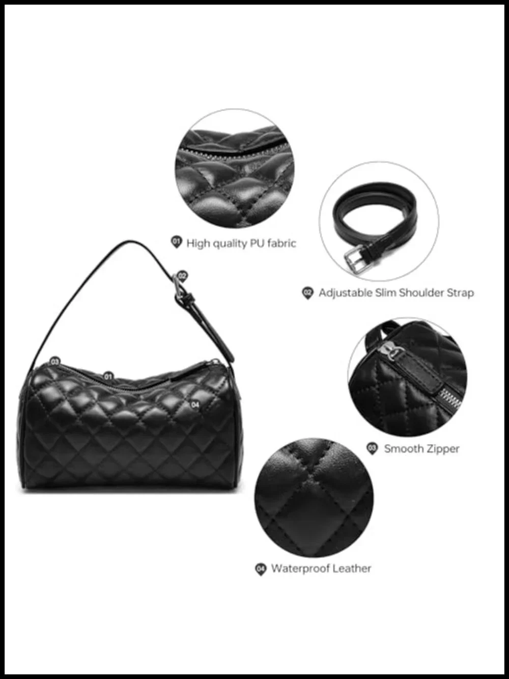 Vegan Faux Leather Barrel Handbag with Adjustable Detachable Strap Hobo Purse